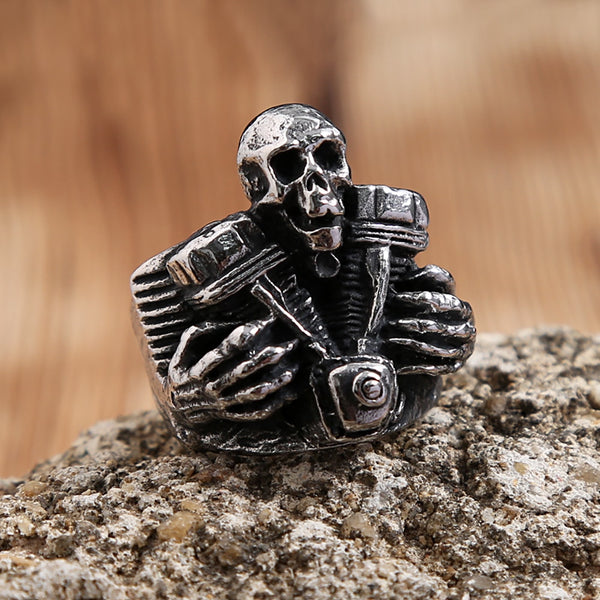 Anillos vintage de calavera con motor de motocicleta Steampunk de acero inoxidable 316L para hombre