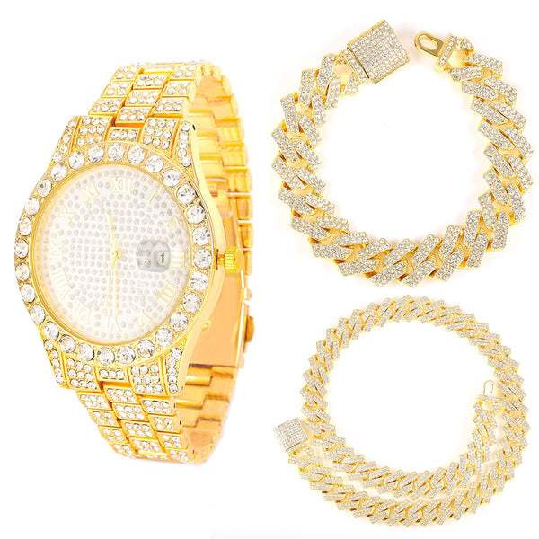 Hip Hop Bling Miami Cuban Link Chain Necklace Men Women Necklace+Watch+Bracelet