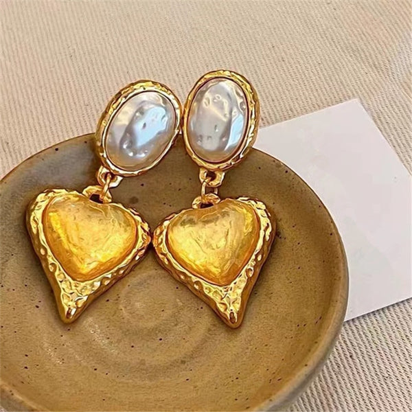 Pendientes colgantes vintage con forma de corazón grande y barroco para mujer