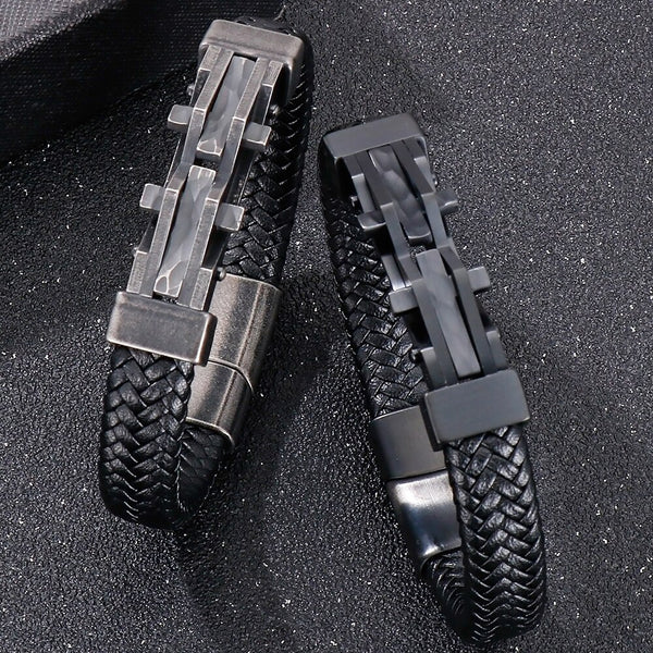 Pulsera de cuero de vaca para hombre, 12 mm de ancho, acero inoxidable 316L negro.