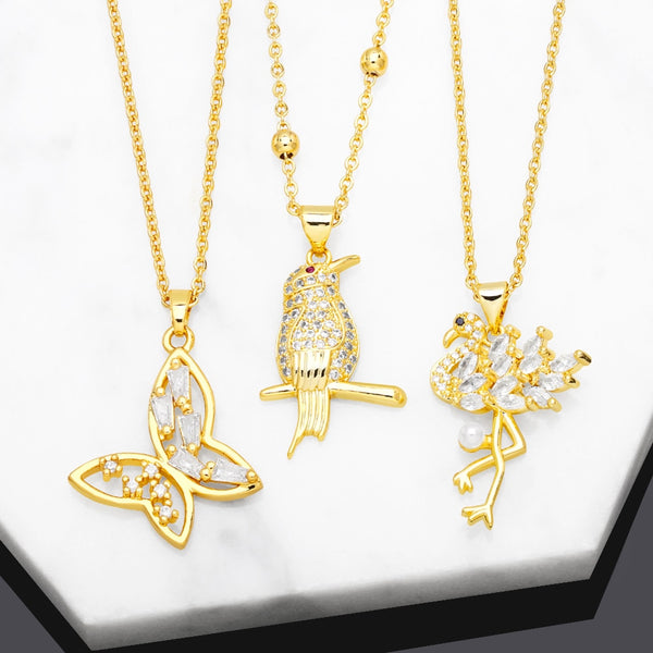 Copper Zircon Humming Bird Necklace for Women CZ Rhinestone Butterfly Necklaces