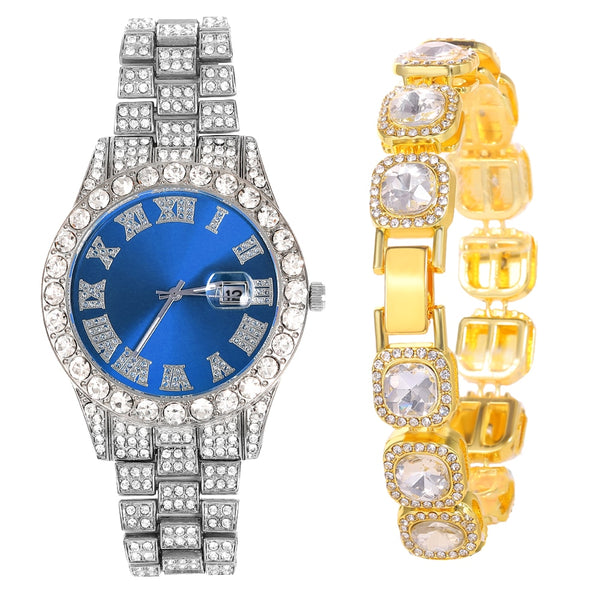Reloj de mujer con cristales brillantes y cadenas de tenis cubanas.