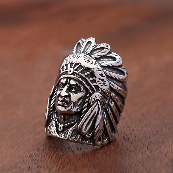 Anillo vintage de jefe indio de acero inoxidable 316L para hombre