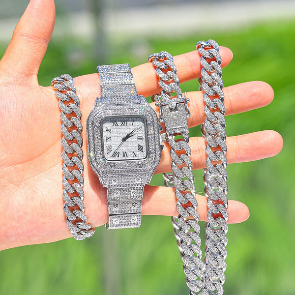 Cadena cubana de hip hop para hombre, collar, reloj y pulsera con eslabones de Miami.