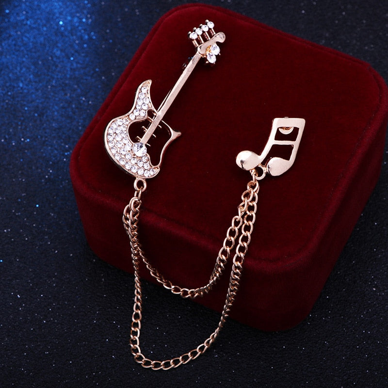 Korean New Guitar Music Notes Brooch Crystal Tassels Chain Lapel Pin Suit Coat Corsage Brooches