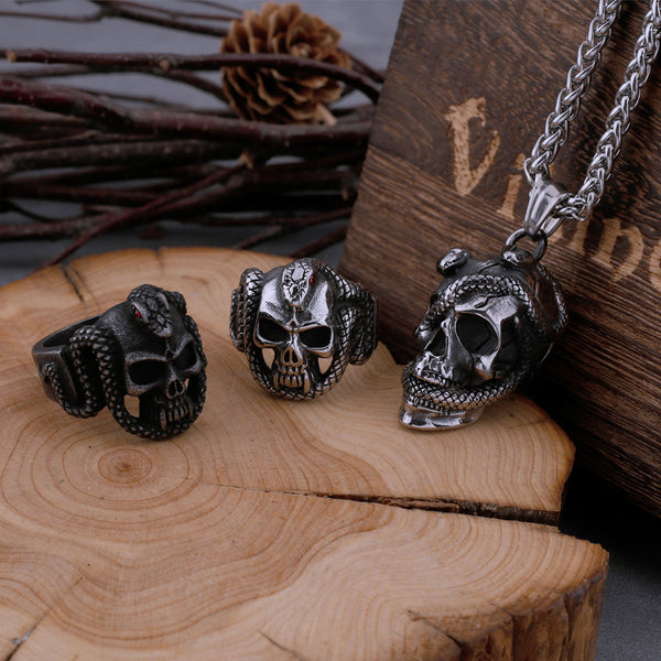 Anillo vintage de calavera con serpiente de ojos rojos para hombre, estilo punk callejero, hip hop y motero.