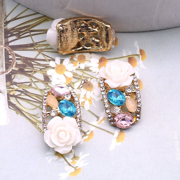 5Pcs/Set 29*15mm Arch Flower Resin Shiny Rhinestone Alloy U Shape Button DIY Gold