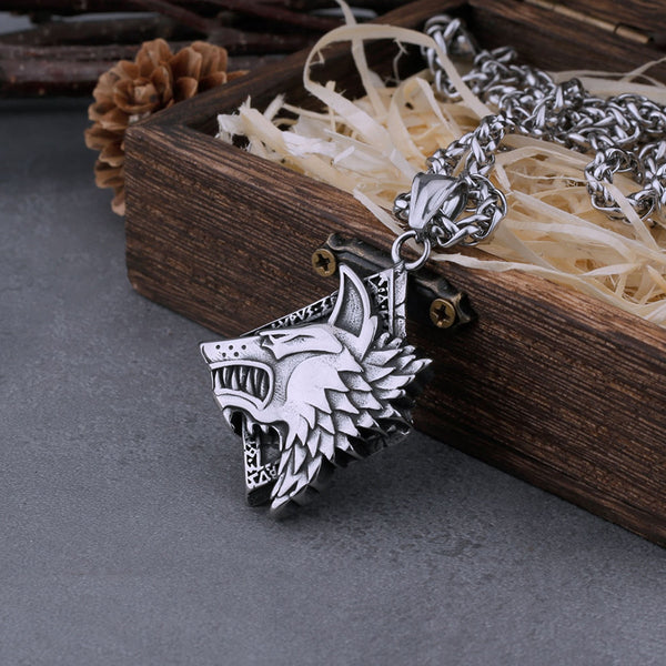 Collar vintage vikingo con cabeza de lobo Geri y Freki para hombre
