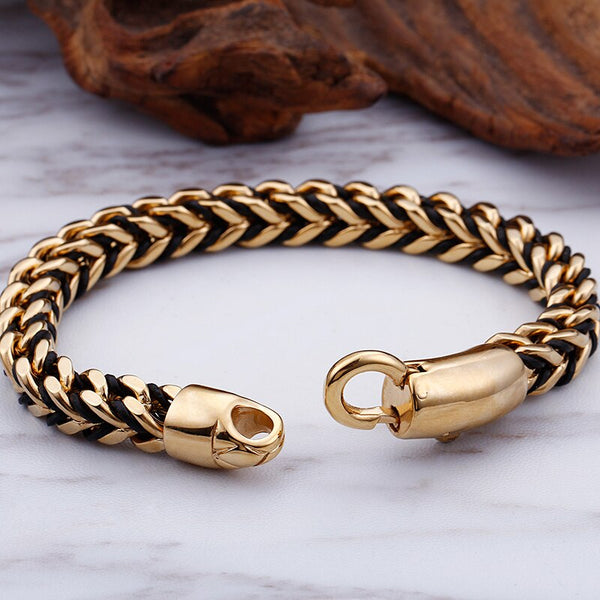 Pulseras clásicas de cuero trenzado de lujo de acero inoxidable para hombre, de 8 mm, con cuerda de cuero tejida.