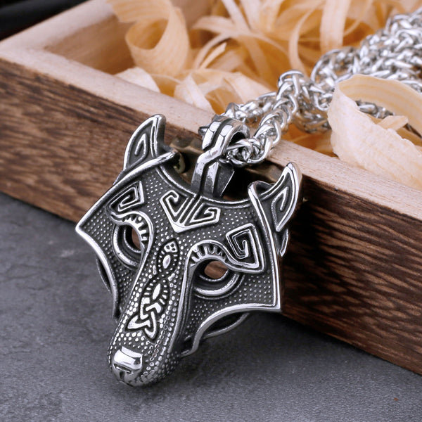 Collar vintage vikingo con cabeza de lobo Freki para hombre, de acero inoxidable, con nudo celta nórdico, colgante de amuleto de lobo