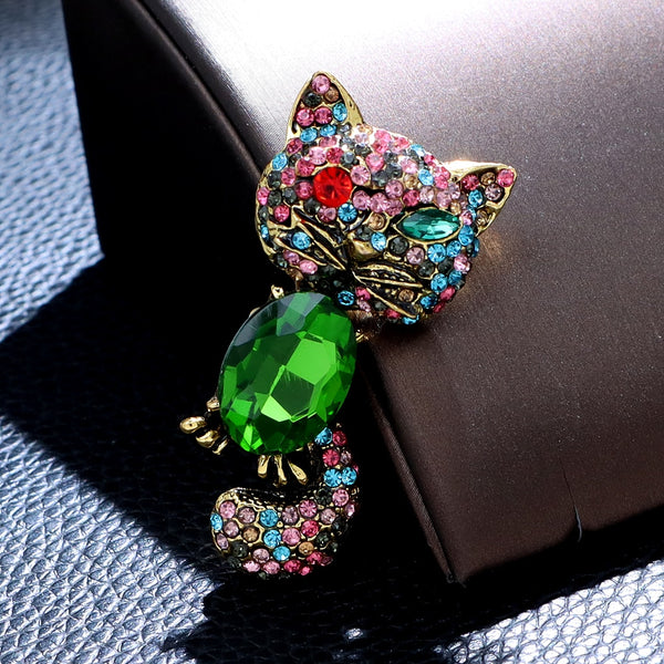 Rhinestone And Crystal Winking Cat Brooch
