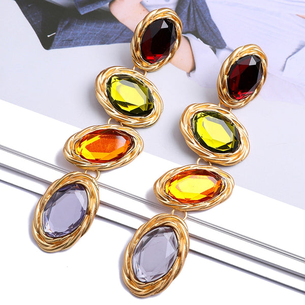 Pendientes largos colgantes de lujo con incrustaciones de metal y cristales multicolores para mujer