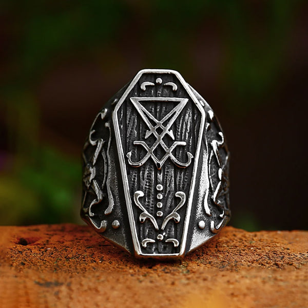 Nuevo anillo vintage de Lucifer Satán con forma de ataúd para hombre y niño, de acero inoxidable 316L, con cabeza de oveja.