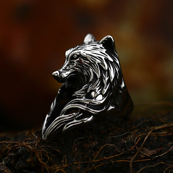 Anillos góticos vintage de acero inoxidable 316L con cabeza de lobo vikingo