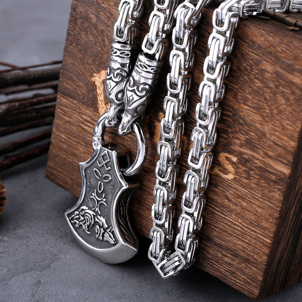 Colgante de hacha vikinga de acero inoxidable con cabeza de dragón y martillo de Thor para hombre