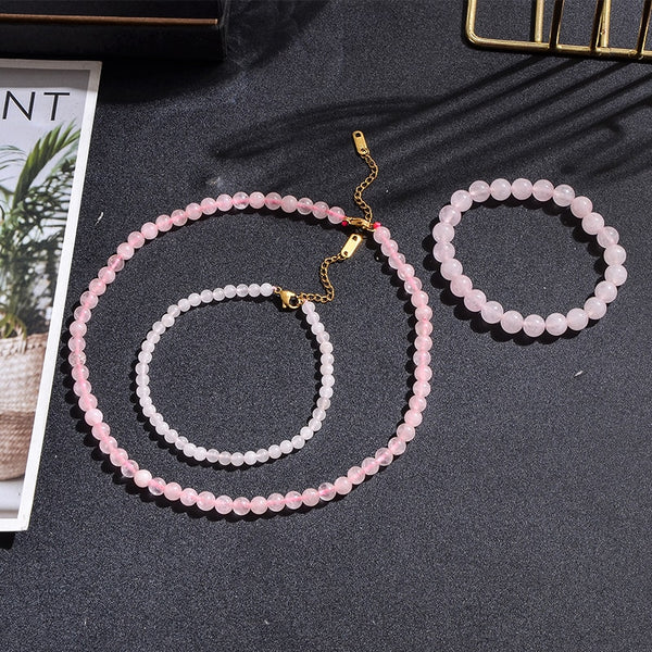 Conjunto de gargantilla, collar, pulsera y tobillera con cuentas de cuarzo rosa para mujer