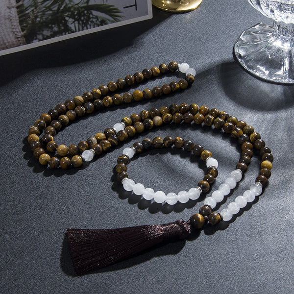 8mm Natural Tiger Eye White Jade 108 Mala Bead Necklace Men and Women
