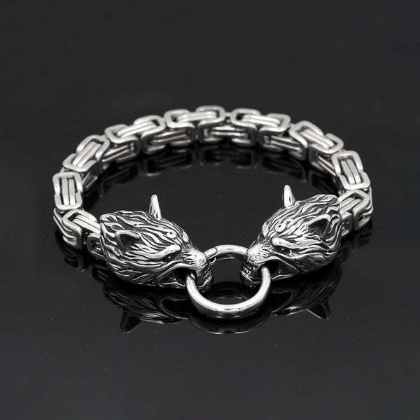 Pulsera de acero inoxidable vintage con cabeza de lobo vikingo para hombre.