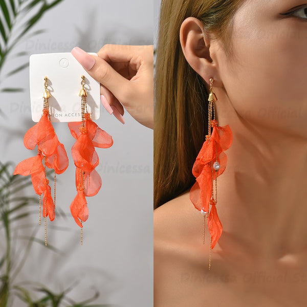 Pendientes largos con encaje de rosas y flores de verano para mujer