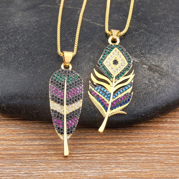Collares de cadena chapados en oro con elegantes colgantes de plumas y patrones irregulares para mujer, 6 estilos