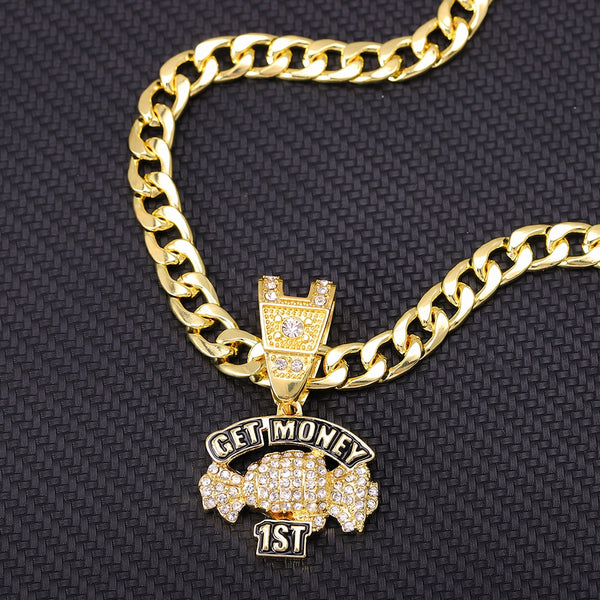 Collar con colgante de caramelo y gancho para bolsa de dinero. ¡CONSIGUE DINERO! Con cadena de tenis dorada.