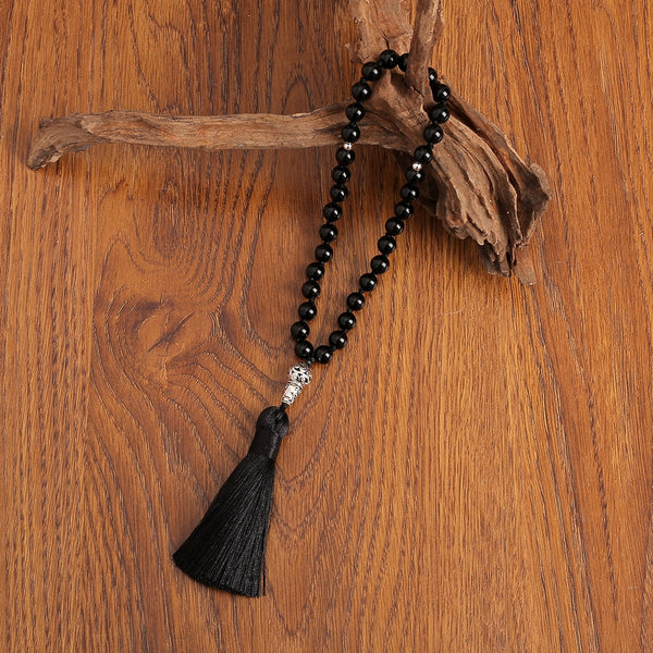 Rosario islámico musulmán Tasbih de 8 mm con ónix negro y 33 cuentas anudadas