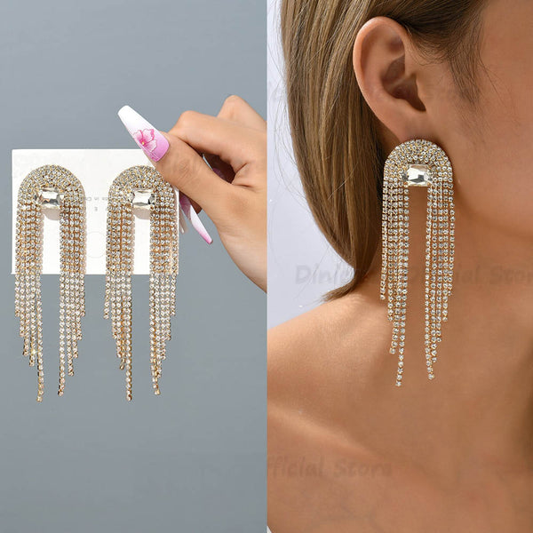 Pendientes colgantes de lujo con borlas de hadas y brillantes de diamantes de imitación para mujer