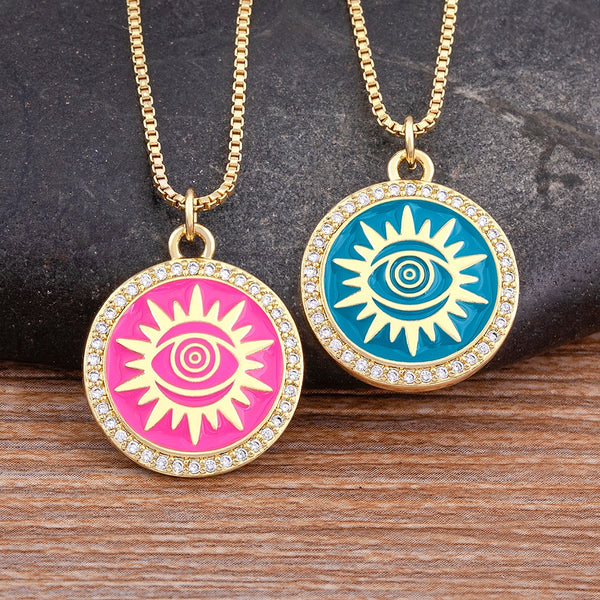 Classic Enamel 4 Colors Round Crystal Inlaid Turkish Evil Eye Pendant