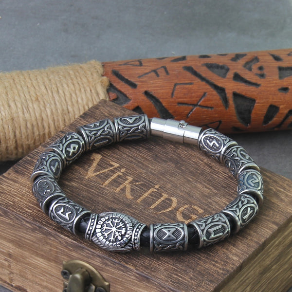 Pulsera de acero inoxidable con cuentas rúnicas para hombre, pulsera de runas vikingas