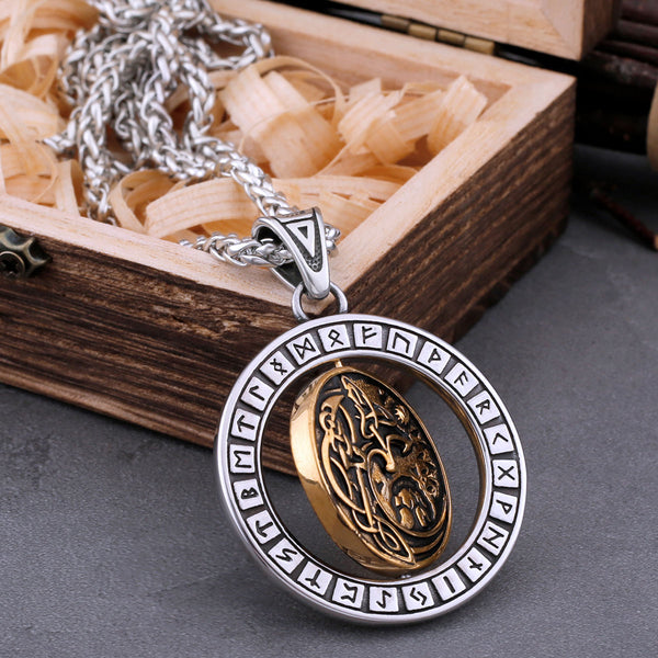 Collar de acero inoxidable con colgante de lobo vikingo giratorio para hombre, con amuleto de runas de Odín y el árbol de la vida.