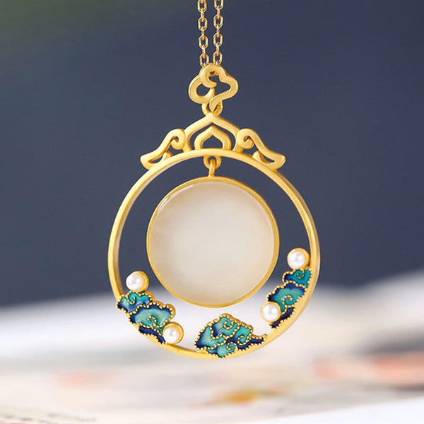 Collar con colgante de perla de porcelana esmaltada hueca redonda de jade hetiano natural para mujer