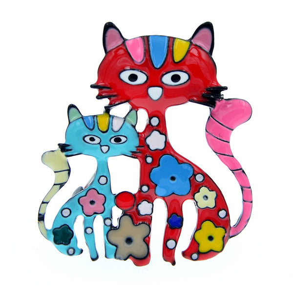Enamel Flower Cat Brooches For Women Cute Mom And Kids Kitty Pin Hat Jewelry