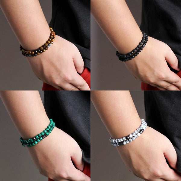 Juego de 2 pulseras elásticas para hombre, de 6 mm, con piedra natural, ojo de tigre, cuentas de ónix y lava.