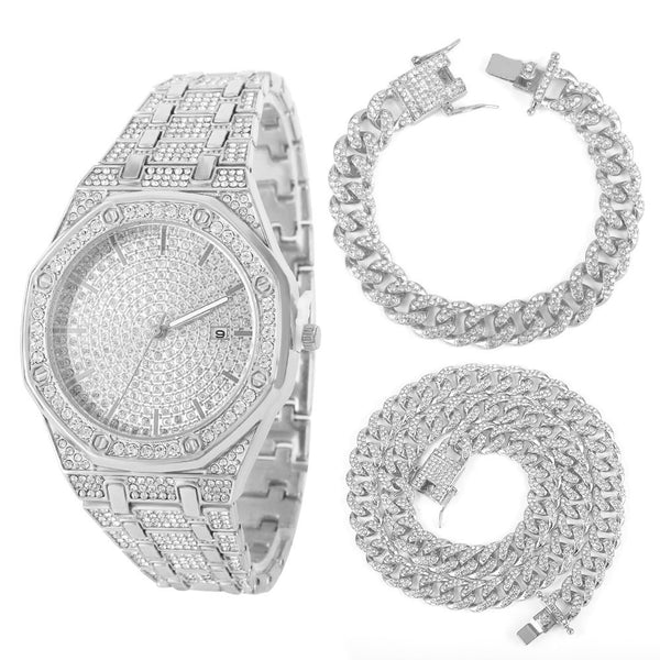 Collar + reloj + pulsera para hombre con cadena de eslabones cubanos Miami Curb