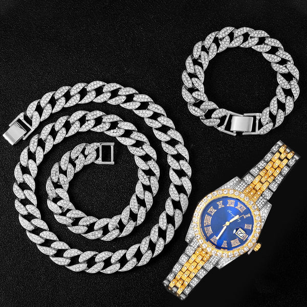 Necklace +Watch+Bracelet Hip Hop Miami Curb Cuban Chain