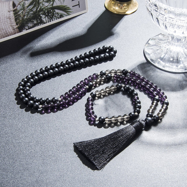 Collar de cuentas de mala de ónix negro mate de 8 mm, 108 cuentas, conjunto de joyería para meditación, yoga y oración