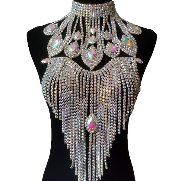 Luxury SS28 Rhinestones Long Tassel Crystal Big Drop Chocker for Women Men