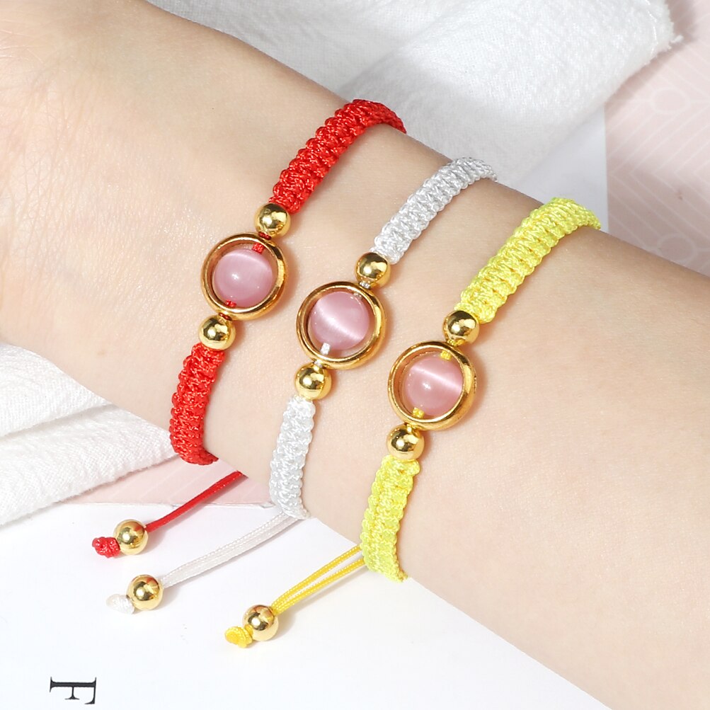 Pink Cat Eye Stone Beads Braided Bracelet For Women Red Thread String Bracelet