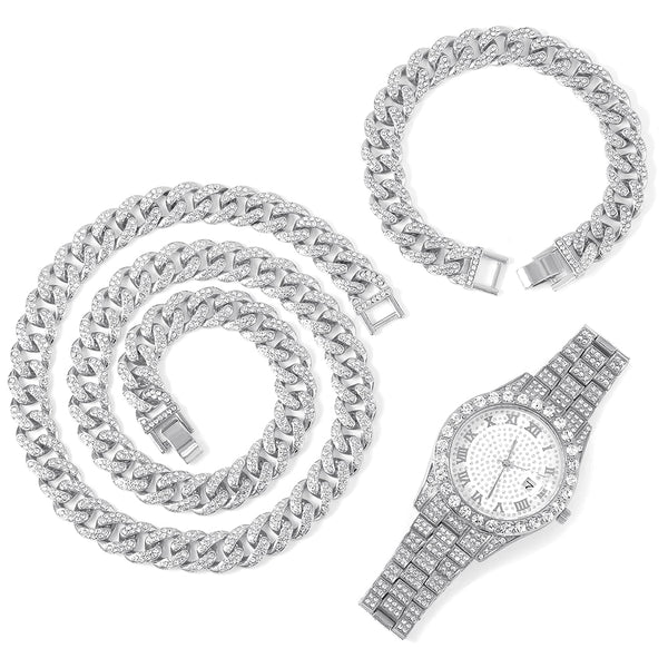 Hip Hop 3PCS KIT Heavy Watch+Prong Cuban Necklace+Bracelet