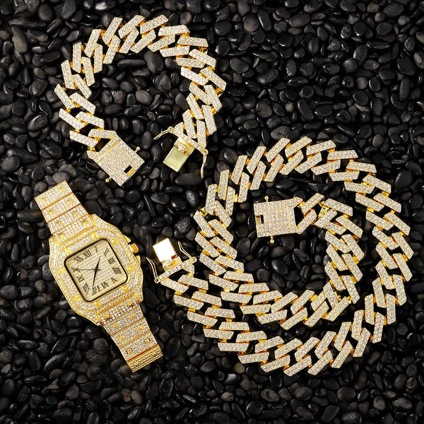 Nuevo kit de 3 piezas de HipHop con incrustaciones de circonitas y reloj cuadrado + collar de 20 mm