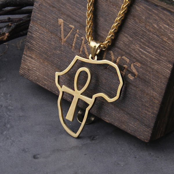 Collar de acero inoxidable con colgante de mapa de África y Ankh para mujer