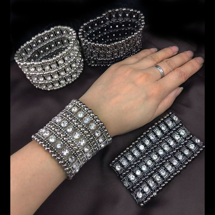 Luxury  Bracelets for Women Wide Retro Punk  Crystal Retractable Woven Beaded Bracelet