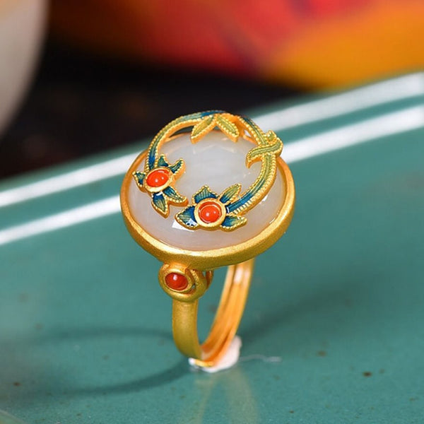 Natural Hetian Jade Enamel Porcelain Flower South Red Tourmaline Ladies Ring