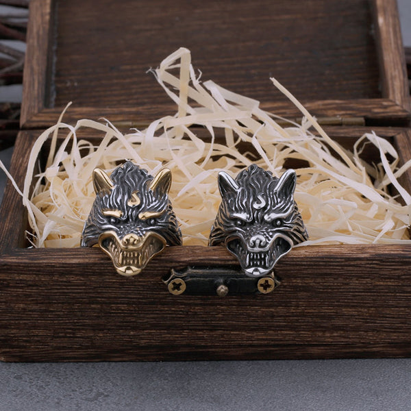 Anillo vikingo vintage con cabeza de lobo de acero inoxidable 316L