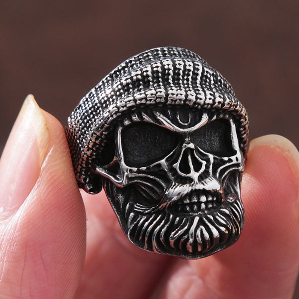 Anillo gótico de calavera de acero inoxidable para hombre, estilo punk, hip hop, motero, con sombrero barbudo.