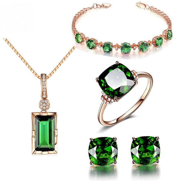 Collar y anillos con colgante bohemio vintage de piedra verde y cristal chapado en oro rosa