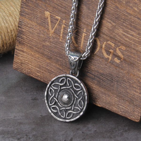 Collar con colgante de escudo de acero inoxidable de Vikings Jewelry, nudo celta, nunca se desvanece, con caja de madera.