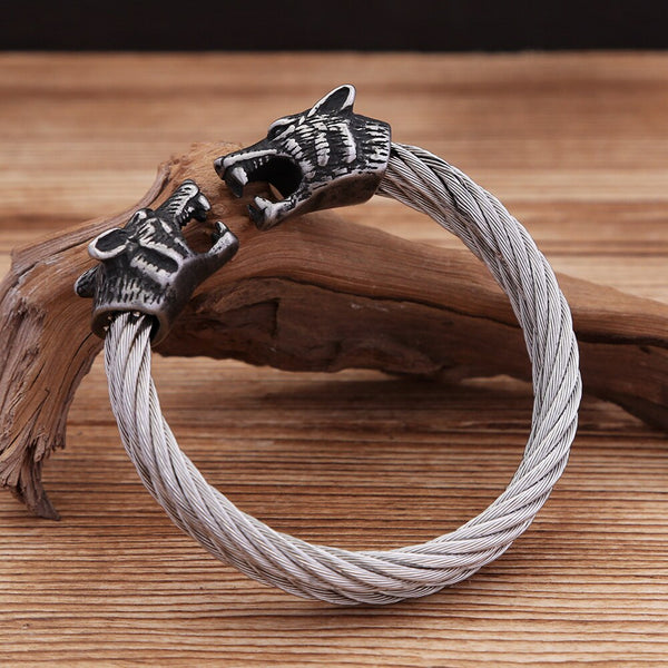 Pulsera vintage de moda con cabeza de lobo vikinga y cable trenzado para hombre