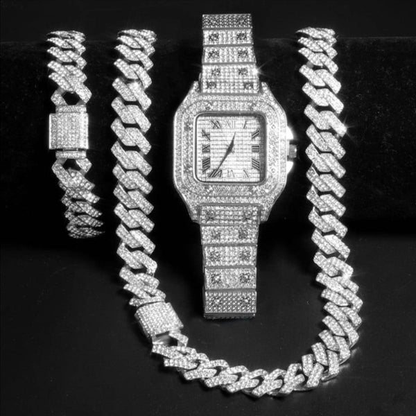 Hip Hop Iced Out Chain Paved Rhinestones Necklace+Watch+Bracelet For Men