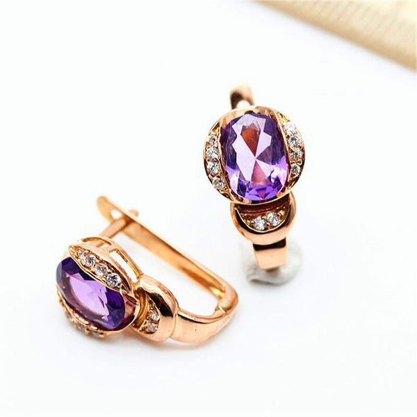Pendientes creativos de amatista ovalada con incrustaciones de oro rosa de 14 quilates y baño de oro púrpura 585 para mujer